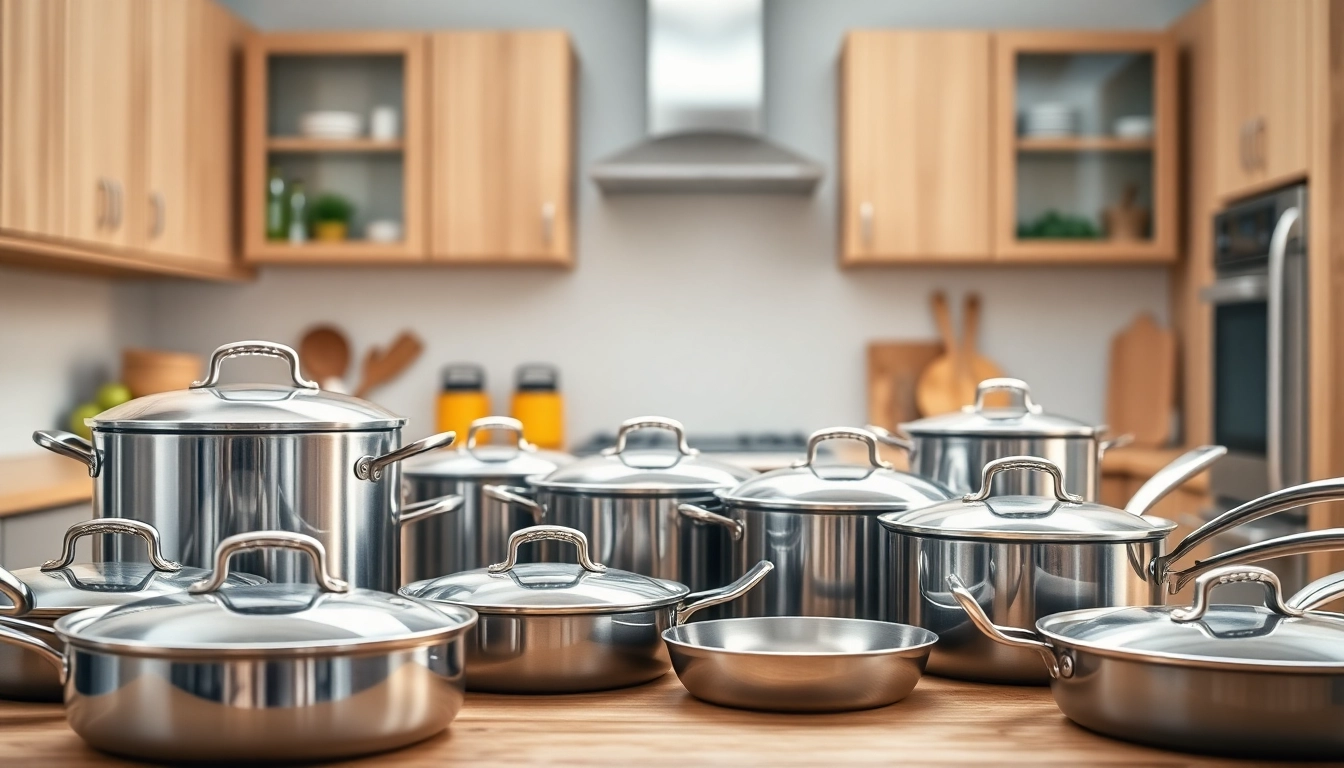 Showcasing cookware beautifully arranged in a modern kitchen setting with natural light.