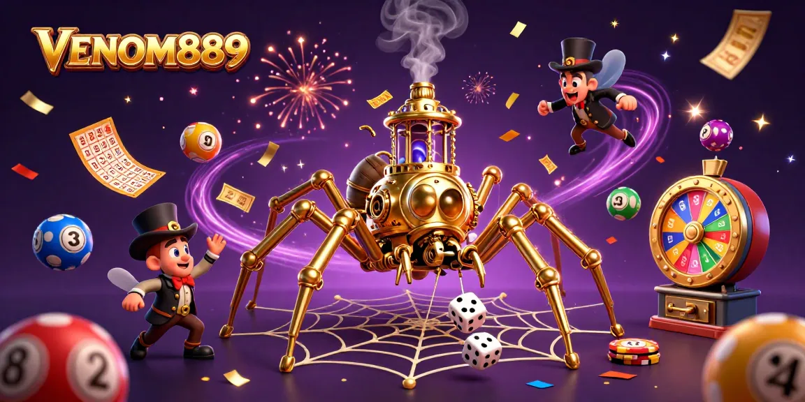 Engage with VENOM889 in a vibrant casino scene filled with lottery balls, confetti, and playful characters.