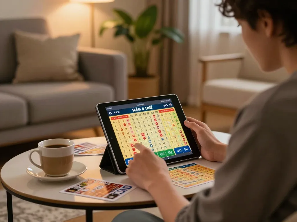 Engaging in đánh lô đề online while analyzing betting strategies at a cozy home setting.