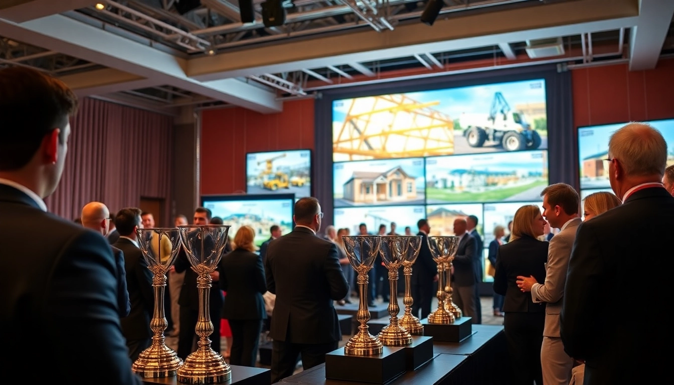 A well-attended event for celebrating Construction awards with shining trophies and delighted participants.