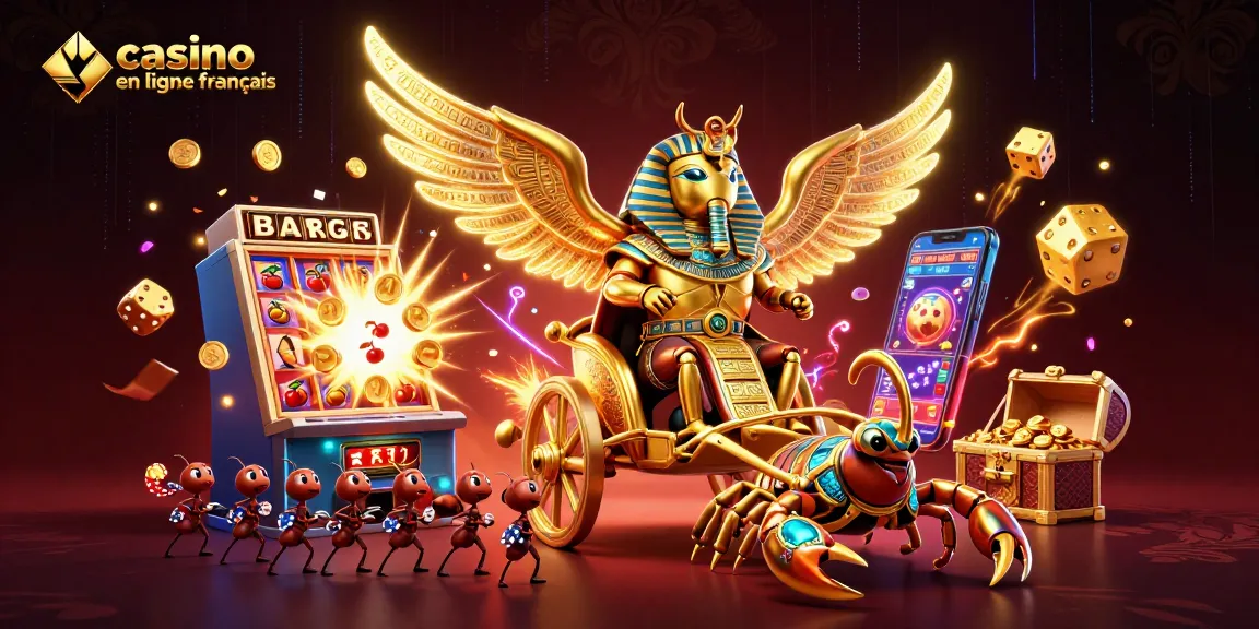 Plongez dans l'univers du casino en ligne français avec cette illustration dynamique mettant en scène des personnages éblouissants et des éléments de jeux captivants.