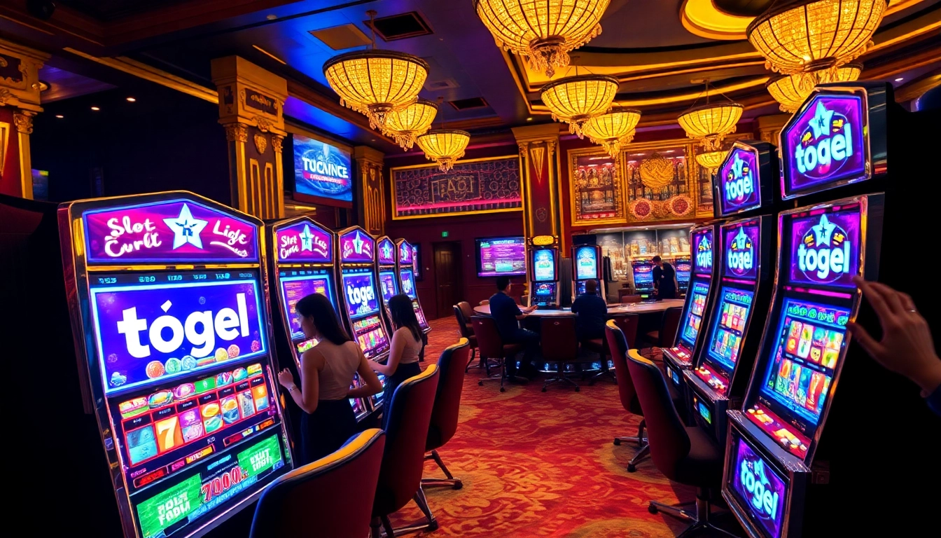 Pemain menikmati sensasi slot togel di kasino mewah yang penuh energi hidup.