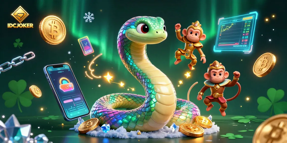 IDCJOKER showcases a vibrant 3D illustration featuring a rainbow serpent and a monkey king amidst glowing cryptocurrency elements.