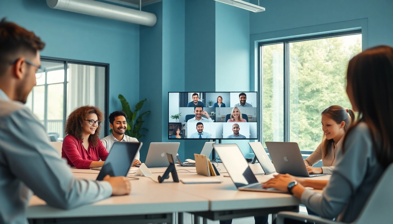 Team collaborating using cloud phone systems for small business in a modern office setting.