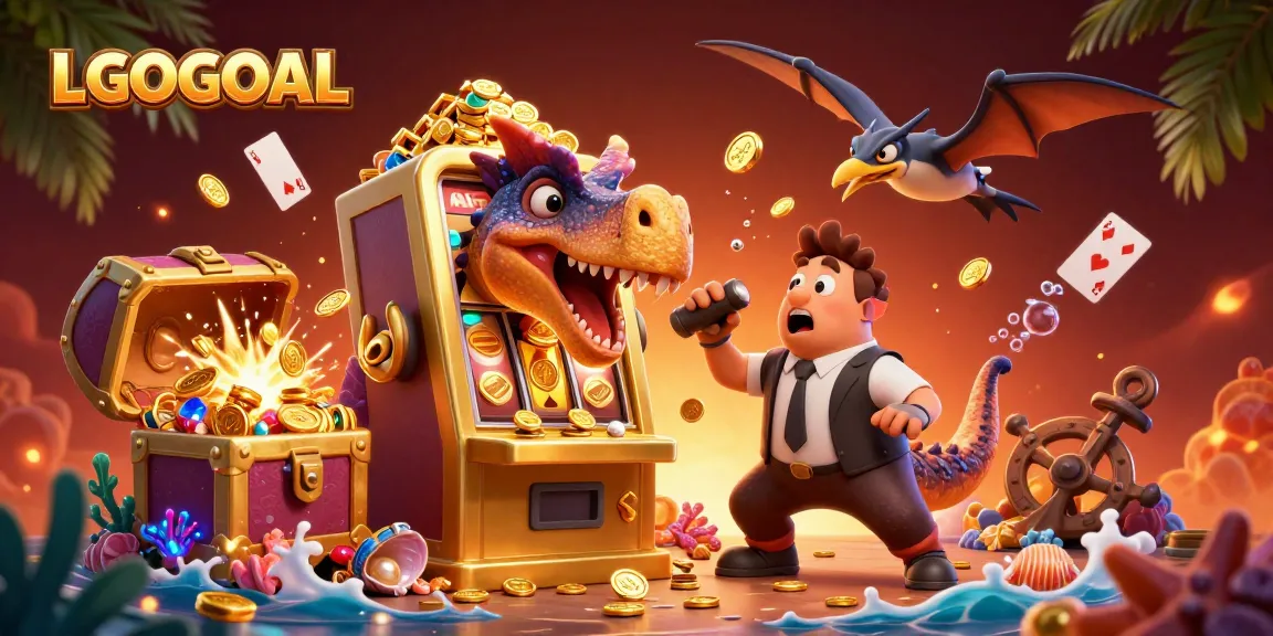 LGOGOAL slots action with a dinosaur headbutting a slot machine for jackpot coins.