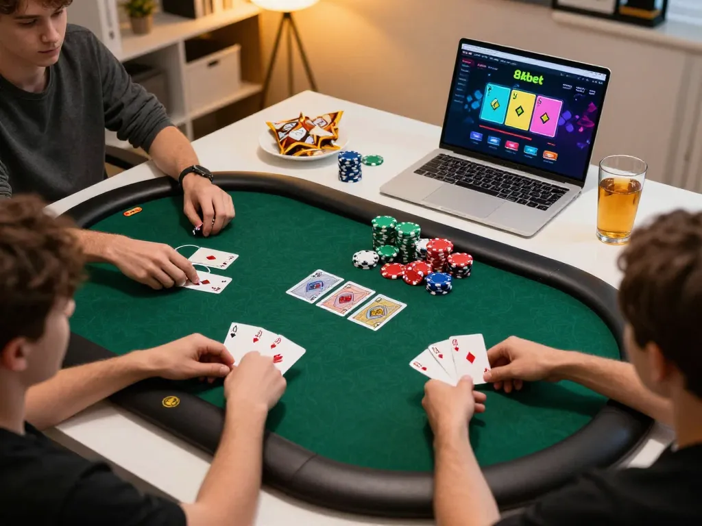 Players engaged in an intense online poker game on 8kbet, showcasing chips, cards, and strategic action.
