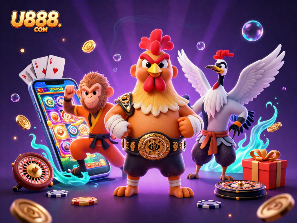 Spin and win with U888. COM at a vibrant 3D casino, showcasing animated games and characters.