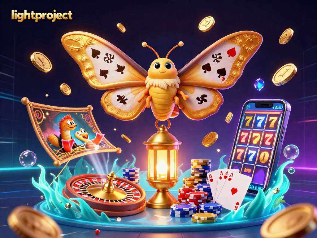 Engage with the lightproject, showcasing a majestic moth and casino elements amid vibrant golden coins.