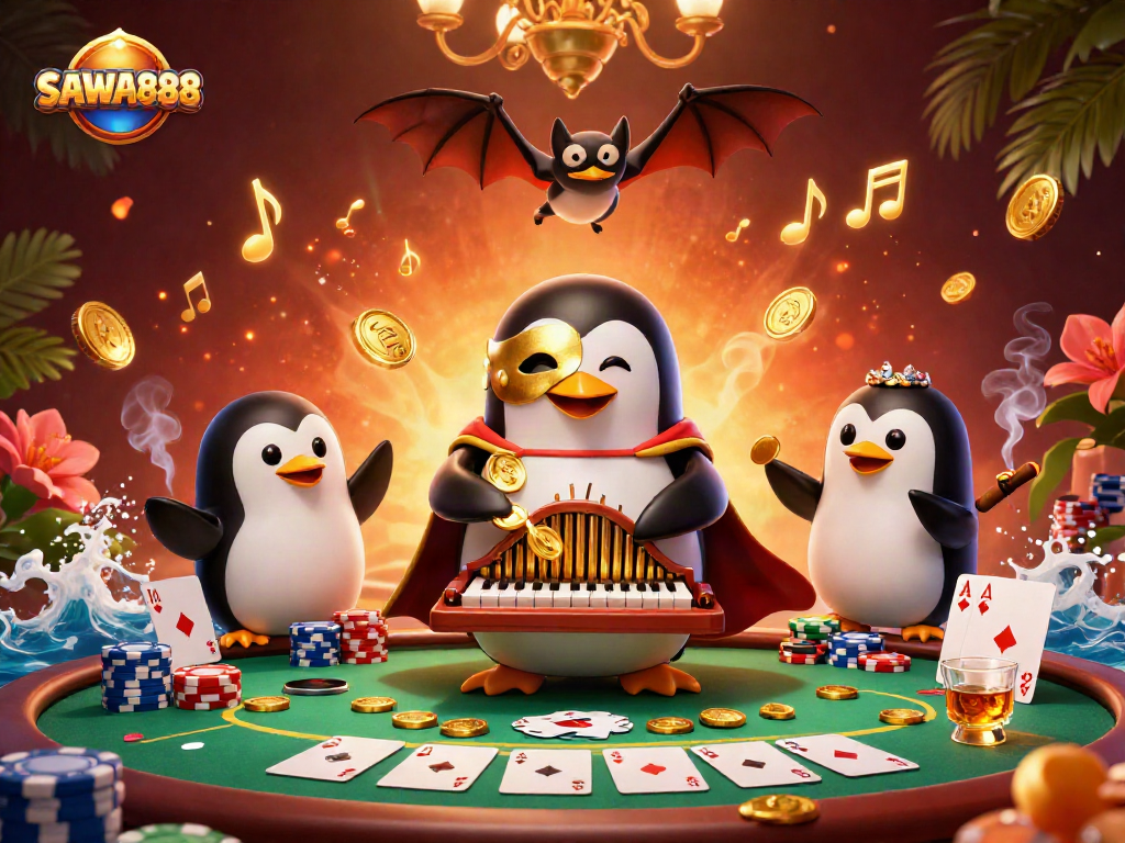 SAWA888 penguin plays the organ amidst gold coins and vibrant casino elements.