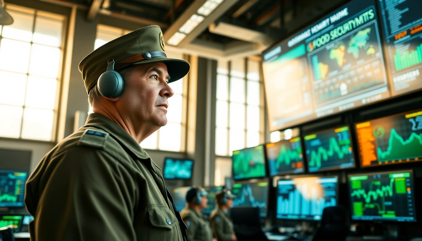 Addressing National Security Risk with a professional military officer in a high-tech command center.