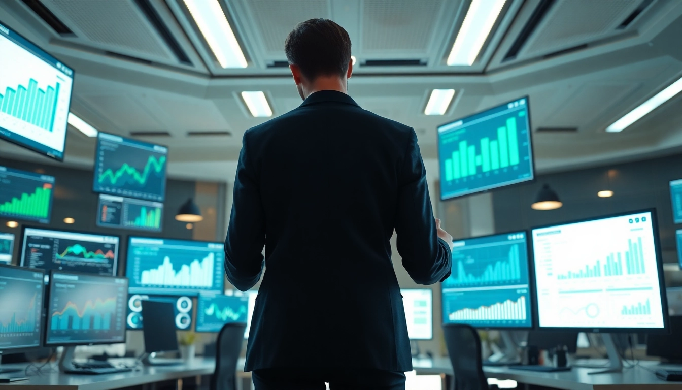 Analyze AI for competitive intelligence tools in a high-tech workspace with screens and analytics.