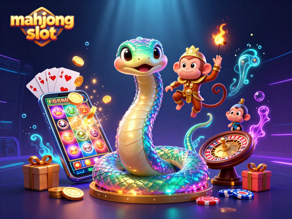 Play mahjong slot with vibrant characters and dynamic casino elements in a colorful 3D illustration.