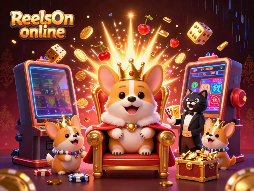 Spin to win at ReelsOn online with a royal corgi and lavish jackpot explosion in this vibrant casino scene.