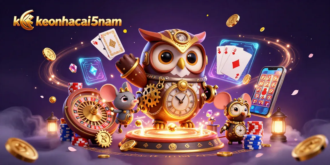 Engage with keonhacai5nam's immersive casino experience, featuring a steampunk owl amidst dynamic game elements and rich visuals.