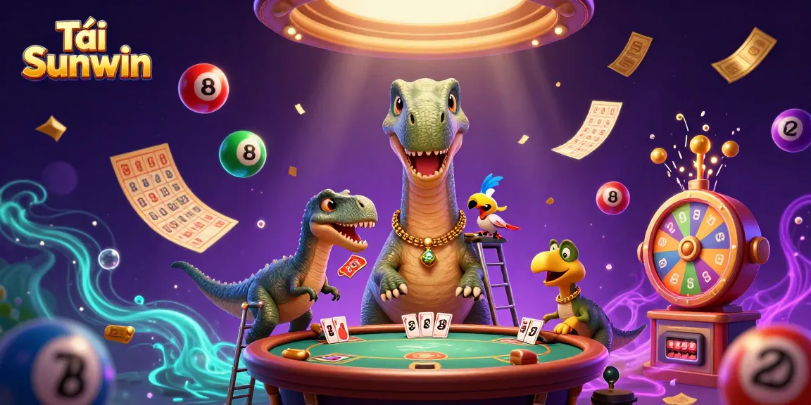Tải Sunwin with a dinosaur and raptor dealing cards in a vibrant casino scene filled with lottery elements.
