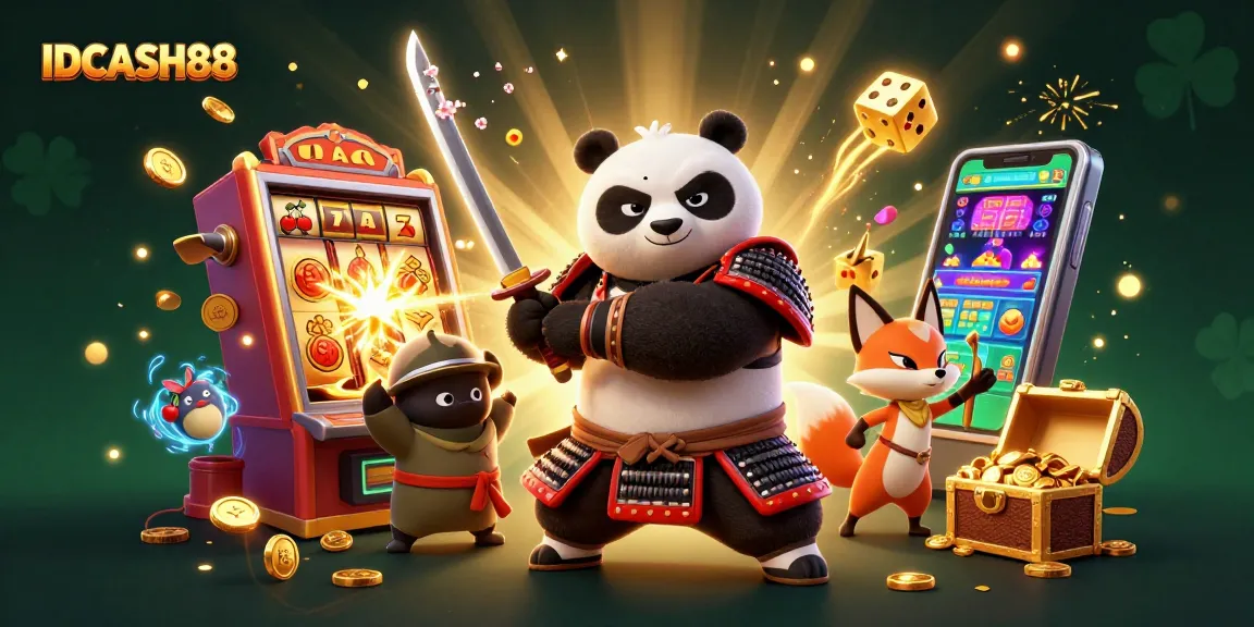 Experience the excitement of IDCASH88 with vibrant characters and jackpot symbols in a dynamic casino scene.