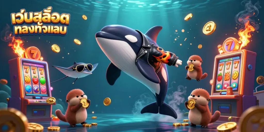เล่นเกมสล็อตกับเว็บสล็อตตรงทั้งหมด ในภาพ 3D การ์ตูนที่มีปลาโลมาในแจ็กเก็ตทำให้คุณรู้สึกตื่นเต้น