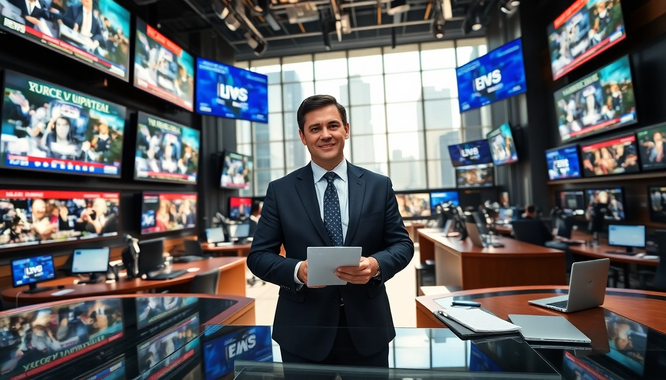 Engaging news reporter in a lively newsroom sharing breaking news with audience.