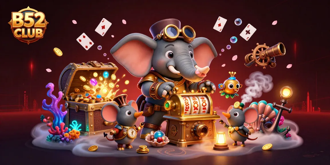 B52CLUB slots excitement with a steampunk elephant engineer playing at a golden slot machine, surrounded by colorful gems.