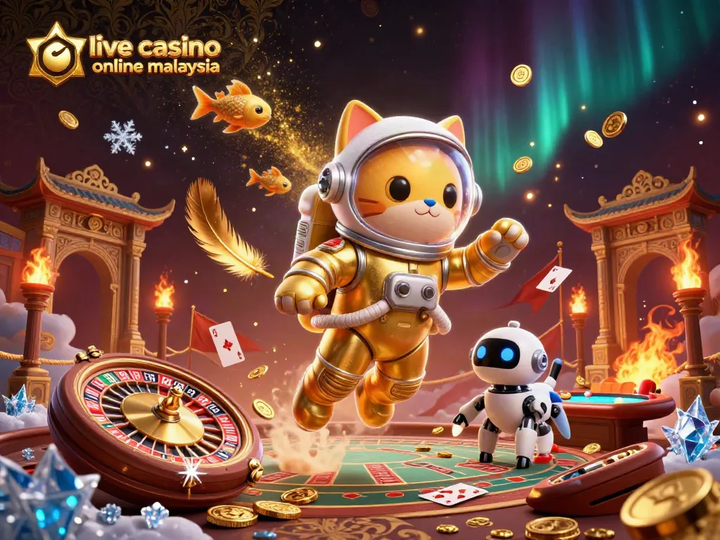 Engage in live casino online Malaysia with an astronaut cat and robot dog amidst thrilling gameplay elements.
