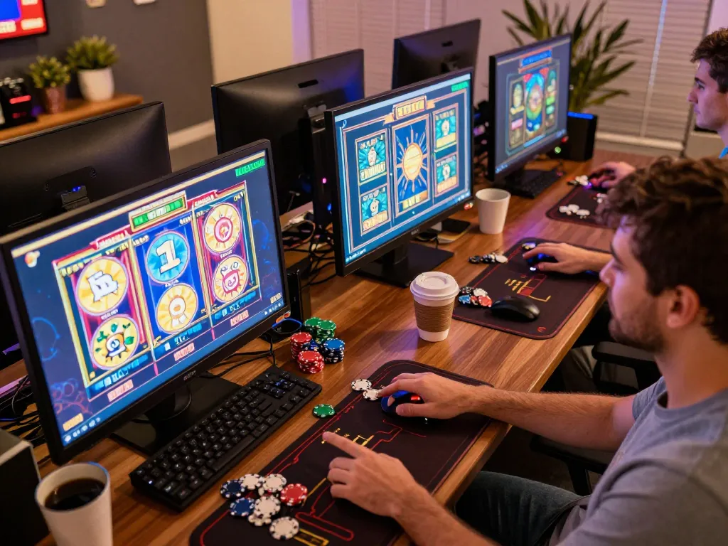 Engaging online gaming scenario showcasing slot gacor hari ini on multiple screens as players enjoy vibrant graphics and colorful gameplay
