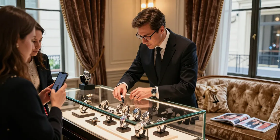 Curator showcasing luxury replica watches in an elegant showroom.