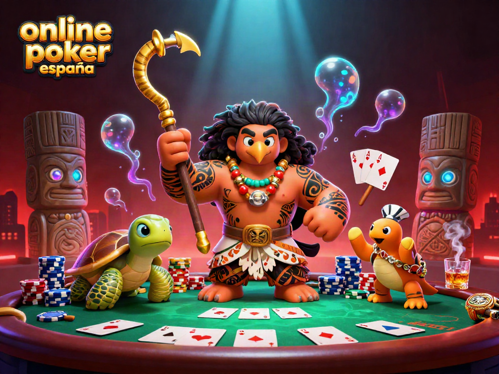 Juega al póker online en España en una emocionante ilustración con un semidiós y un banco de fichas.