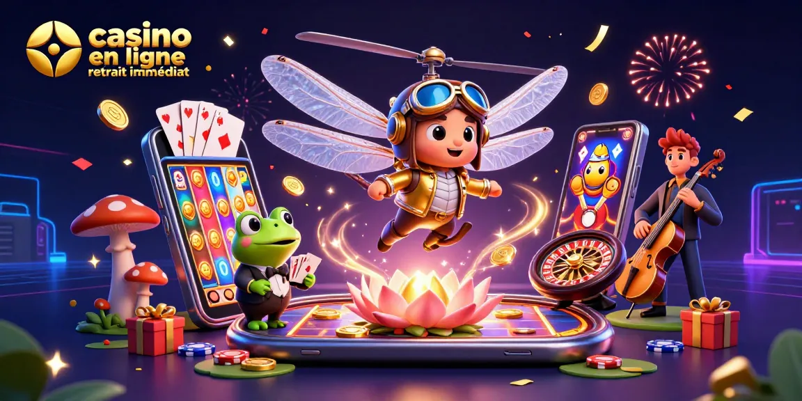 Casino en ligne retrait immédiat illustré par un dragon volant, croupier grenouille et musiciens.