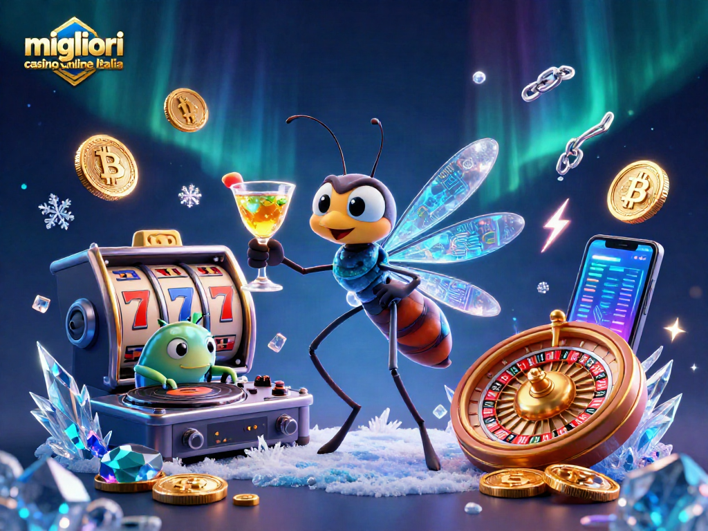 Scopri i migliori casino online Italia con un'atmosfera vivace e innovativa, con simboli di gioco e criptovalute.