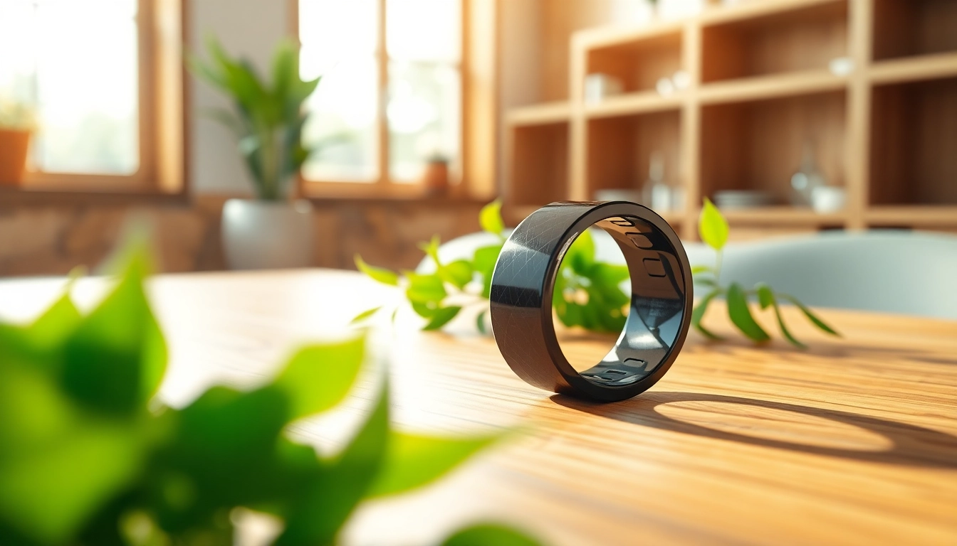 Illustrative view of a Smart Health Ring on a wooden table amidst greenery, highlighting advanced tracking features.