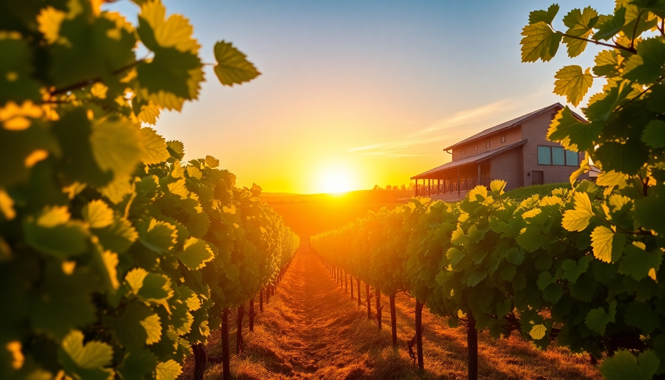 Capture of wineries in Clarksburg showcasing lush vineyards against a sunset backdrop.