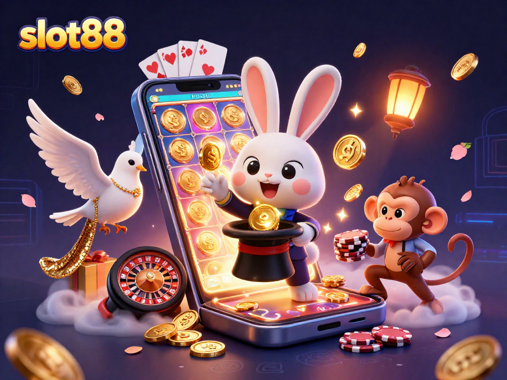 Spin to win on slot88 with a magical rabbit and golden coins in a vibrant casino scene.