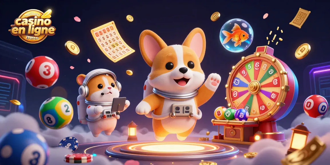 Illustration dynamique de meilleur casino en ligne France avec un corgi astronaute, jetons et pièces d'or