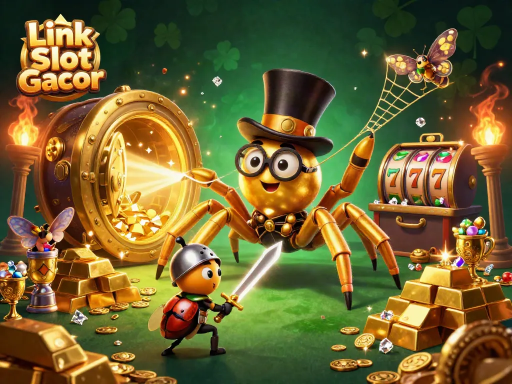 Menang besar dengan Link Slot Gacor, tarantula emas dan ksatria kecil dalam suasana kasino yang meriah.