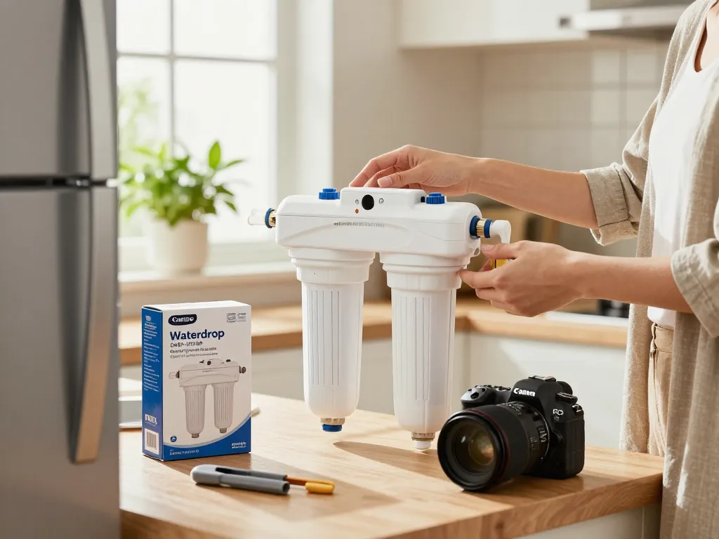 Installing the Waterdrop DA97-17376B Replacement for Samsung® HAF-QIN Refrigerator Water Filter in a bright, modern kitchen setting.