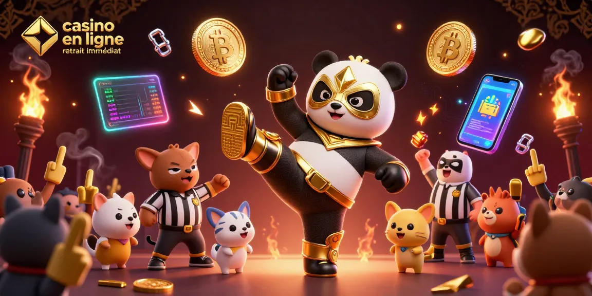 Jouer au casino en ligne retrait immédiat avec le panda lutteur effectuant un coup de pied dans une ambiance festive.
