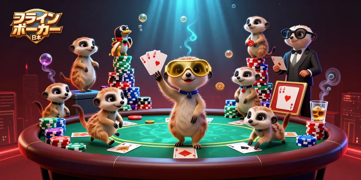 オンラインポーカー 日本で活躍するミーアキャットたちが、活気あるカジノシーンでチップを運ぶ様子を描いたイラスト。