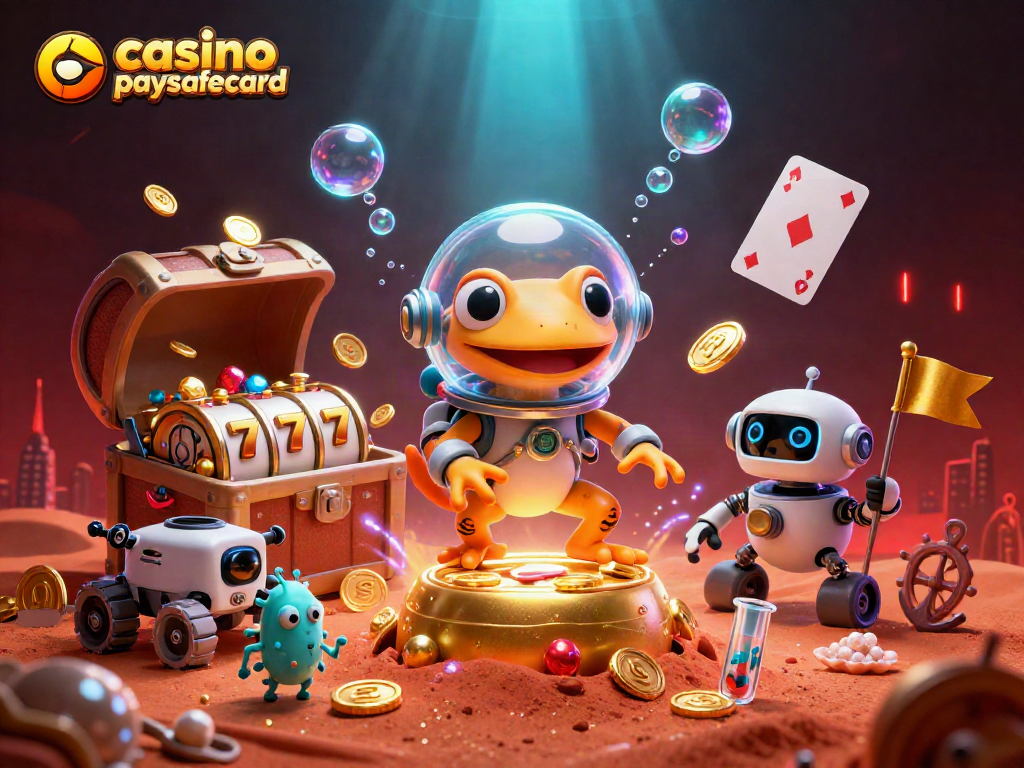 Jouez dans un casino en ligne paysafecard avec un gecko martien découvrant un casino d'or sur Mars.