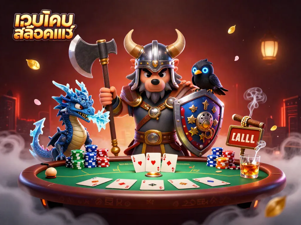Engaging scene with เว็บเกมสล็อตแท้ showcasing epic Viking characters at a poker table surrounded by vibrant casino elements.