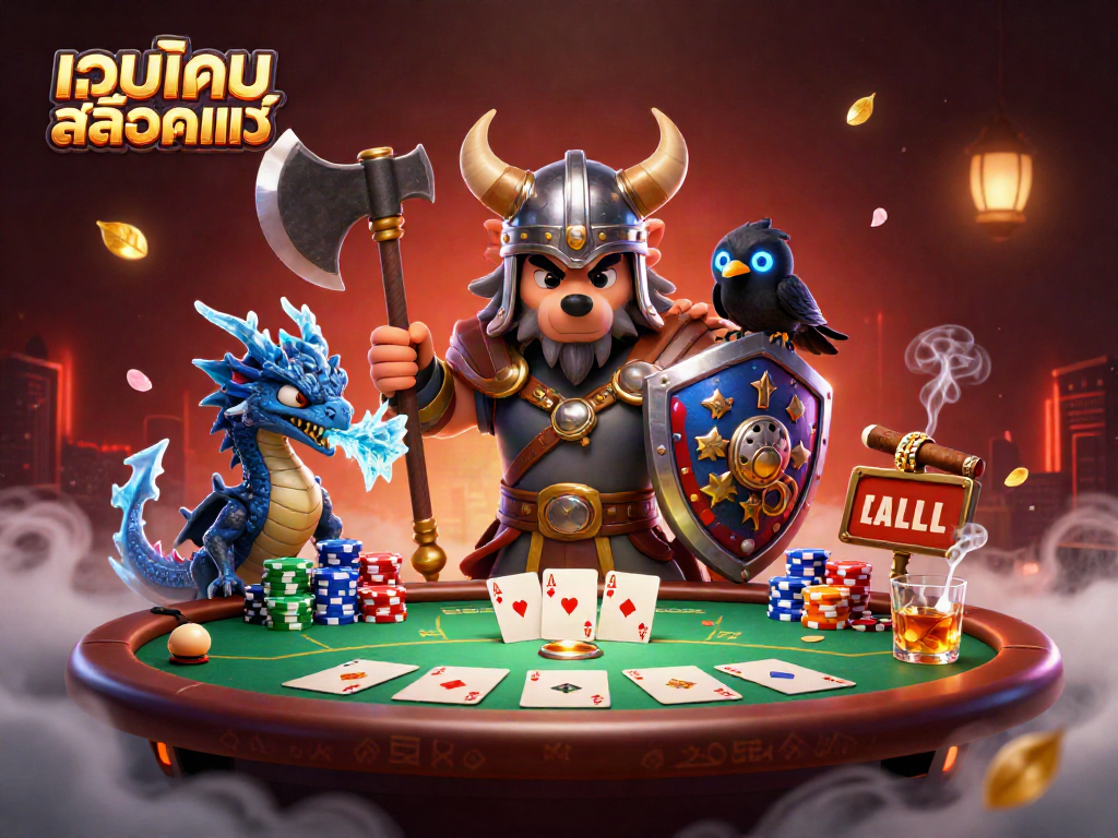 Engaging scene with เว็บเกมสล็อตแท้ showcasing epic Viking characters at a poker table surrounded by vibrant casino elements.