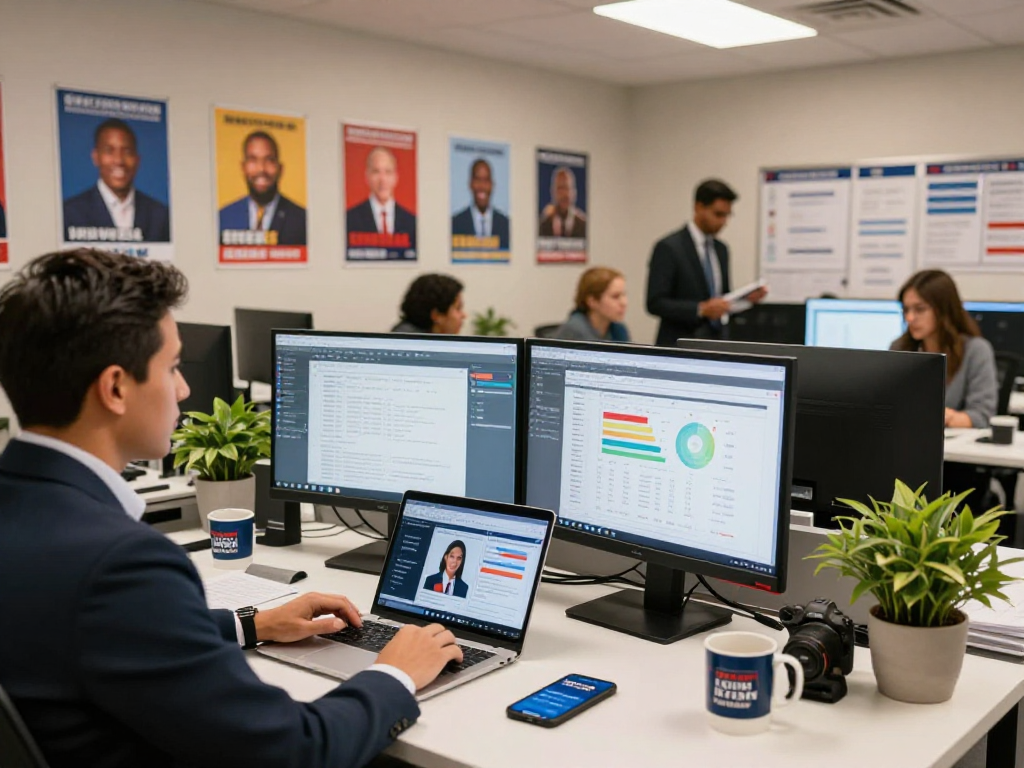 Campaign team analyzing political social media advertising strategies in a vibrant office.