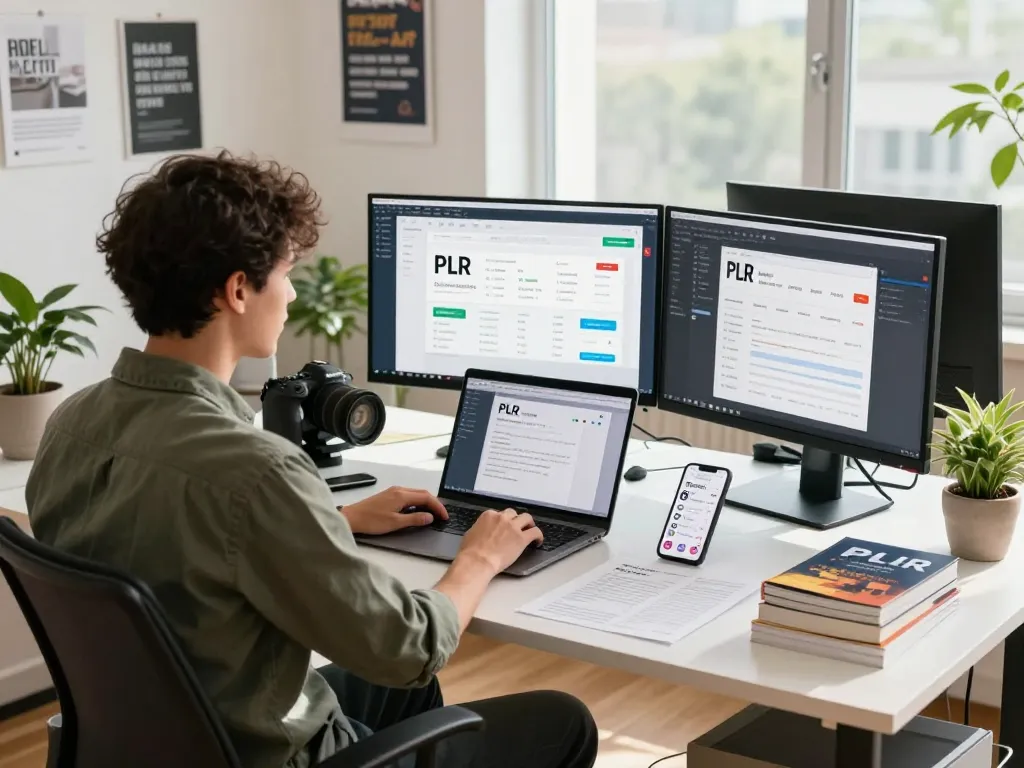 Purchase PLR Content in a vibrant e-commerce workspace with multiple screens and PLR resources.