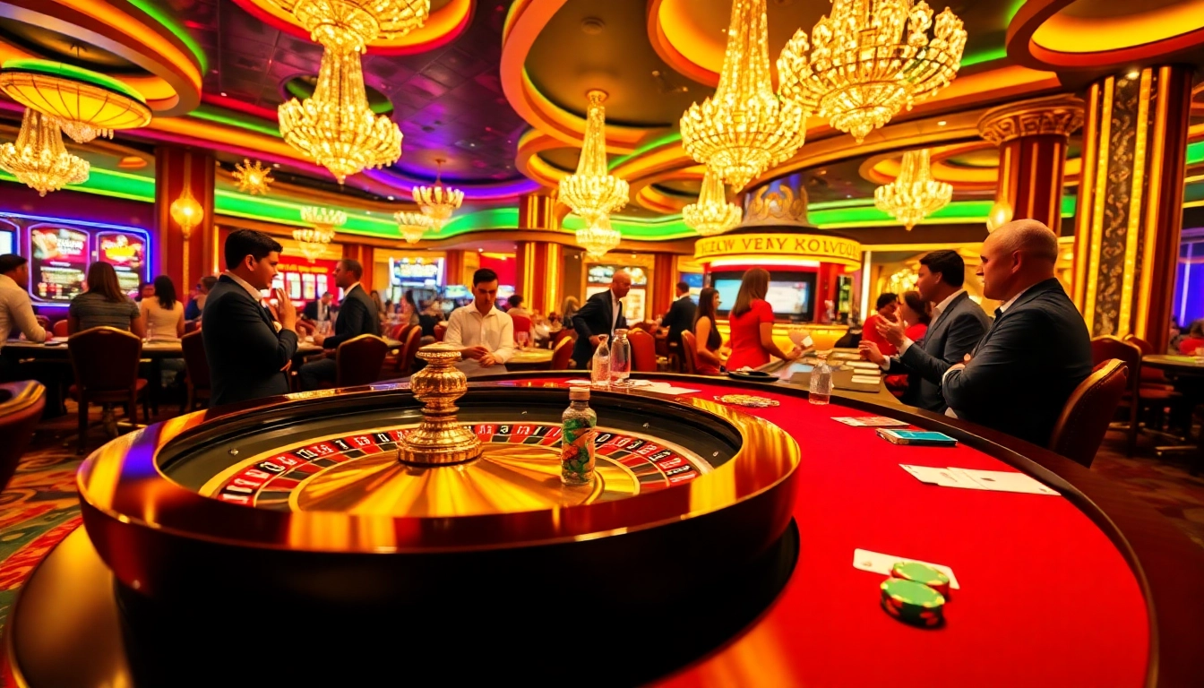 Tempelkan situs toto pada meja roulette yang ramai dan penuh warna, menciptakan suasana kasino yang hidup.