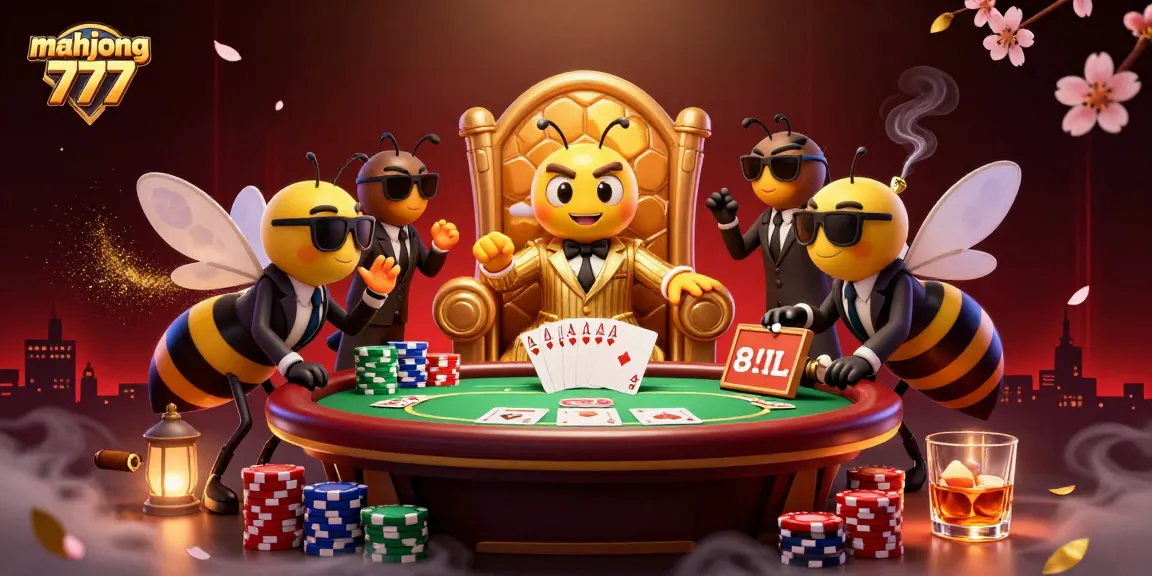 Players enjoying mahjong 777 action around a vibrant poker table, with colorful chips and four aces visible.