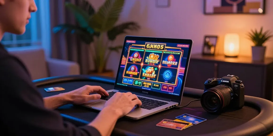Engaging player at modern gaming setup exploring casinos that accept credit cards in a vibrant home office.