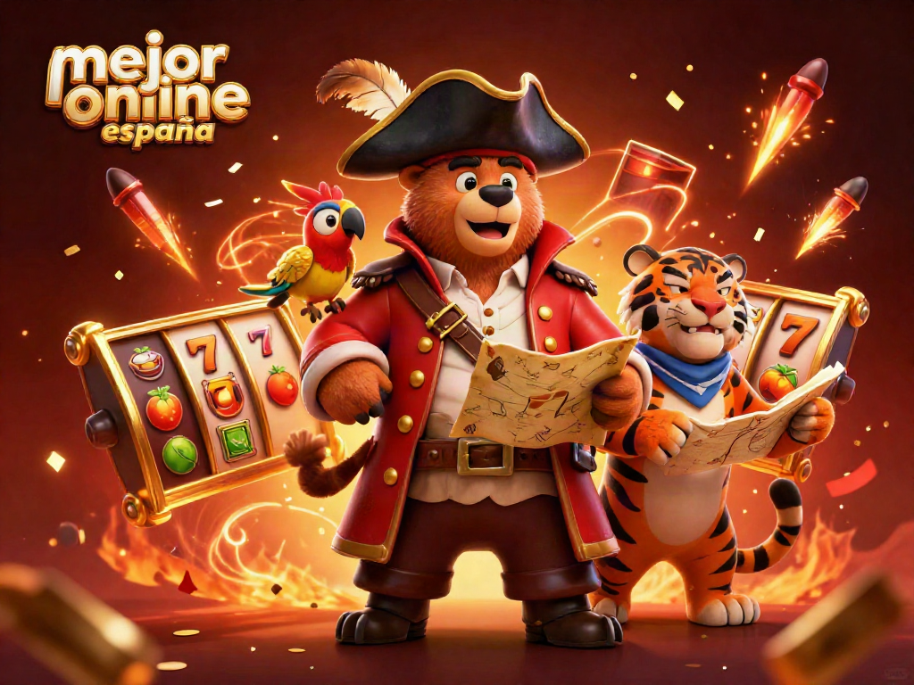 Descubre las aventuras del mejor casino online España con un oso capitán, un tigre y un loro rodeados de dinámicos símbolos de casino.