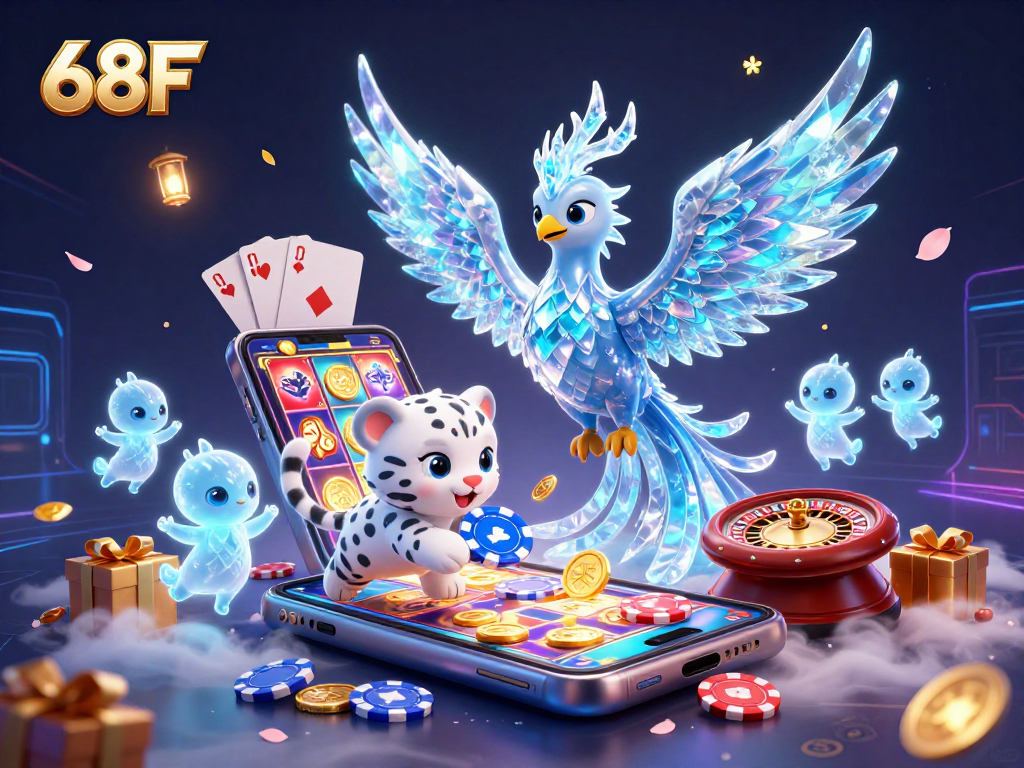 O 68F traz uma cena vibrante com um fênix de gelo e cartas de poker, perfeita para jogadores.