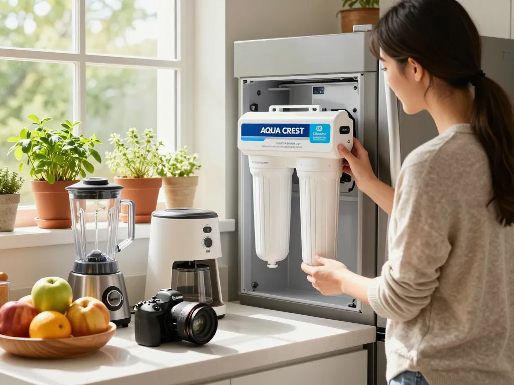 AQUA CREST EDR3RXD1 Replacement for 4396841, Everydrop® Filter 3 being held by homeowner in a bright kitchen during product inspection.