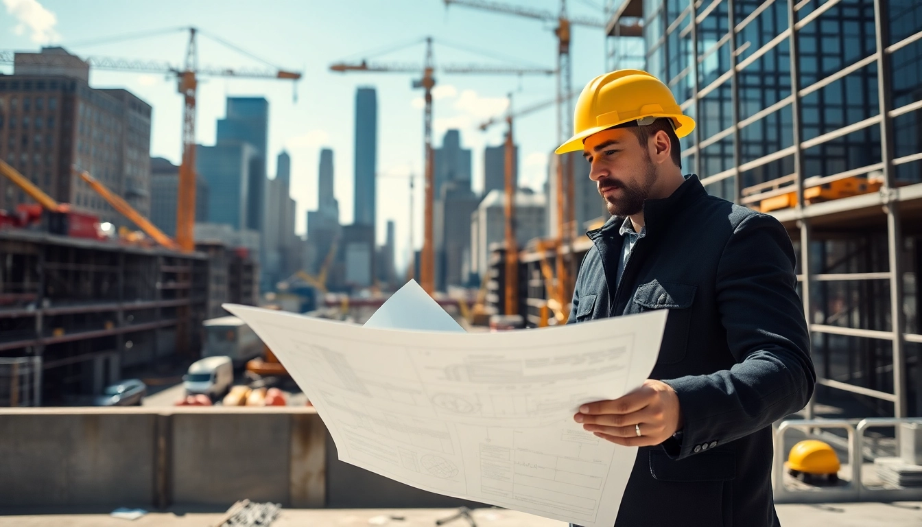New York City Construction Manager examining blueprints on a bustling construction site.