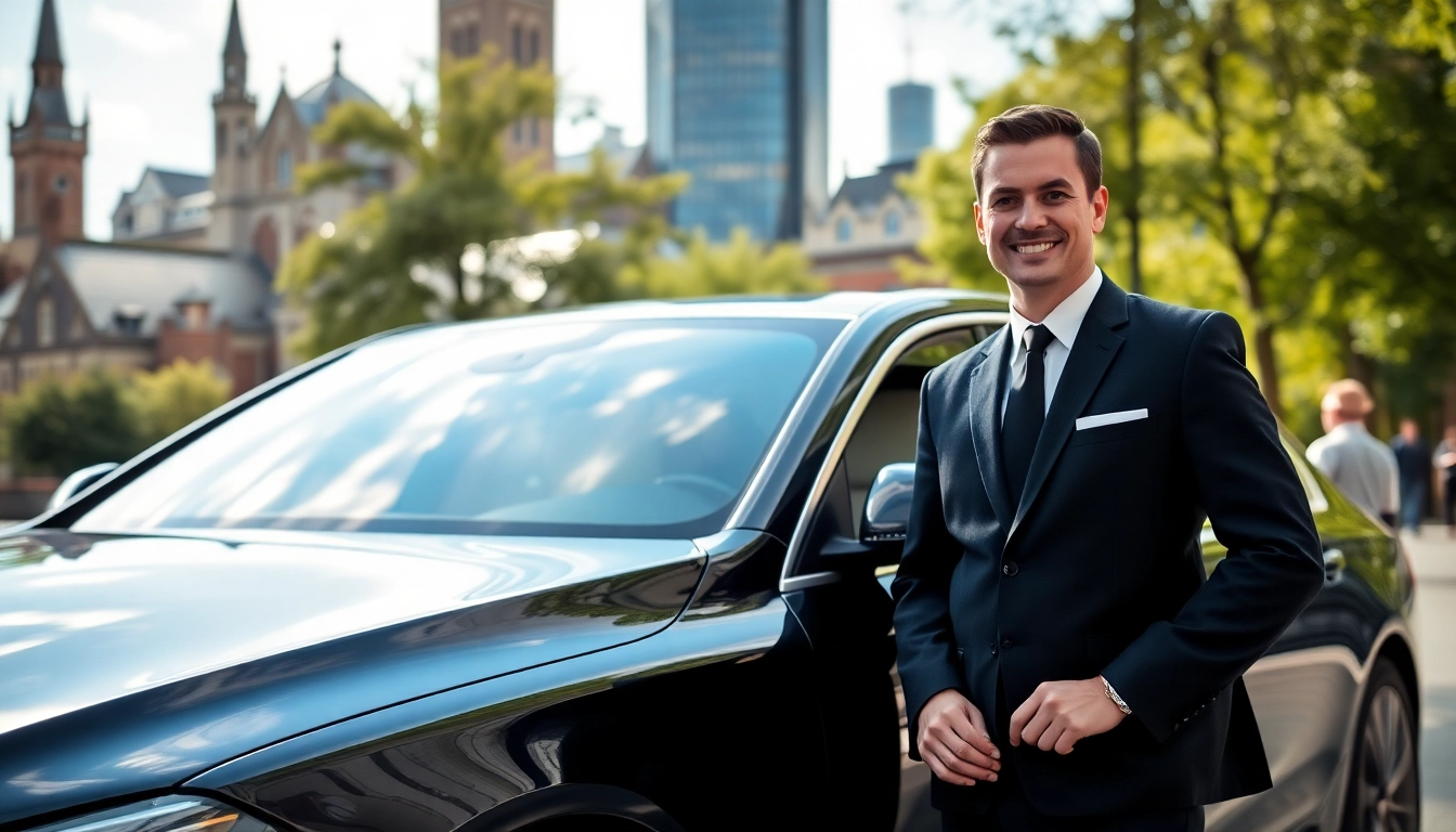Chauffeur Nottingham stands beside a luxury car in the city, symbolizing premium travel service.